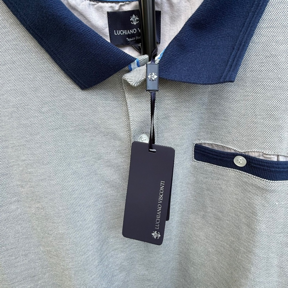 Luchiano Visconti Mens Steal Grey Polo Shirt Navy Collar FP-5017 XL NWT Preppy - Picture 7 of 11